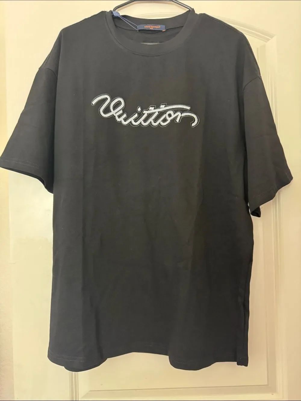 Louis Vuitton Black Tee with White Embroidered Script Logo